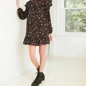 Wild Fable Black Floral Long Sleeve Ruffle Dress